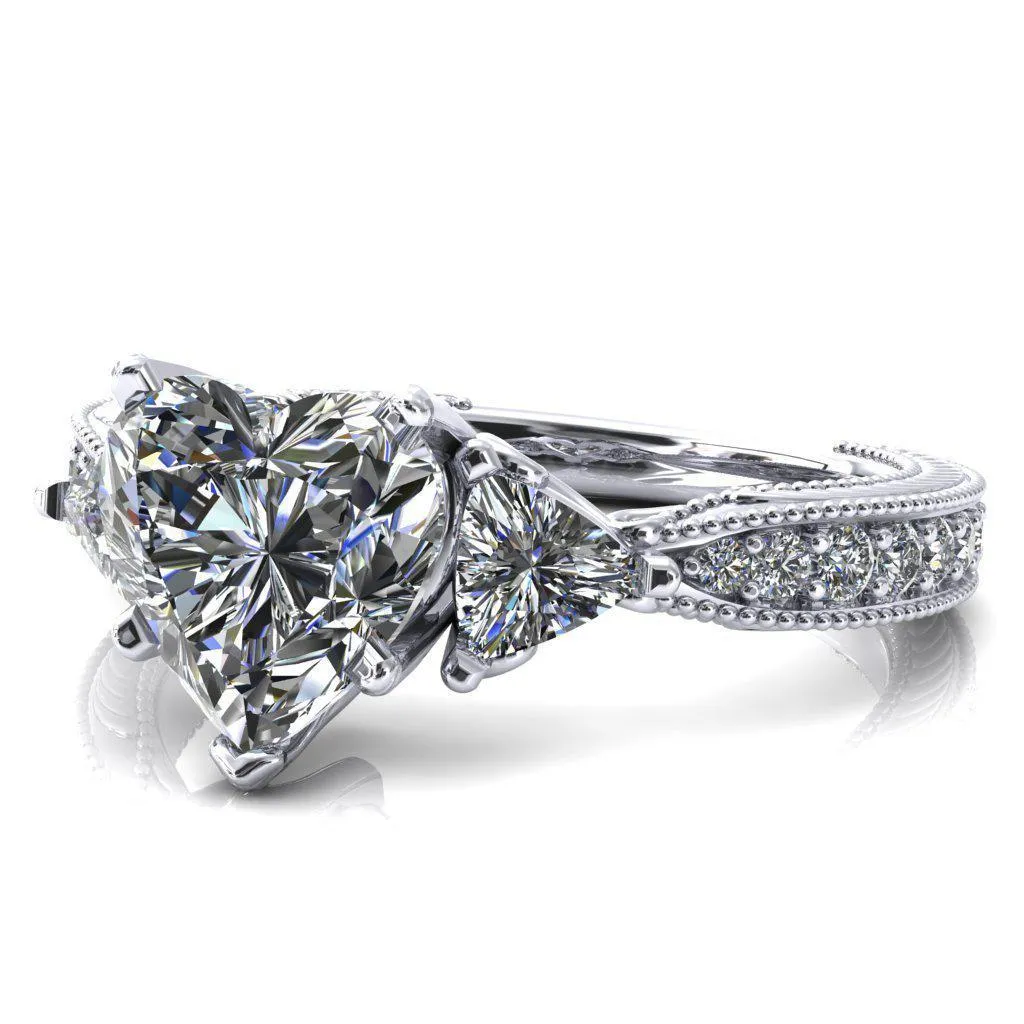 Liah Heart Moissanite Side Trillion Milgrain Shank Diamond Ring