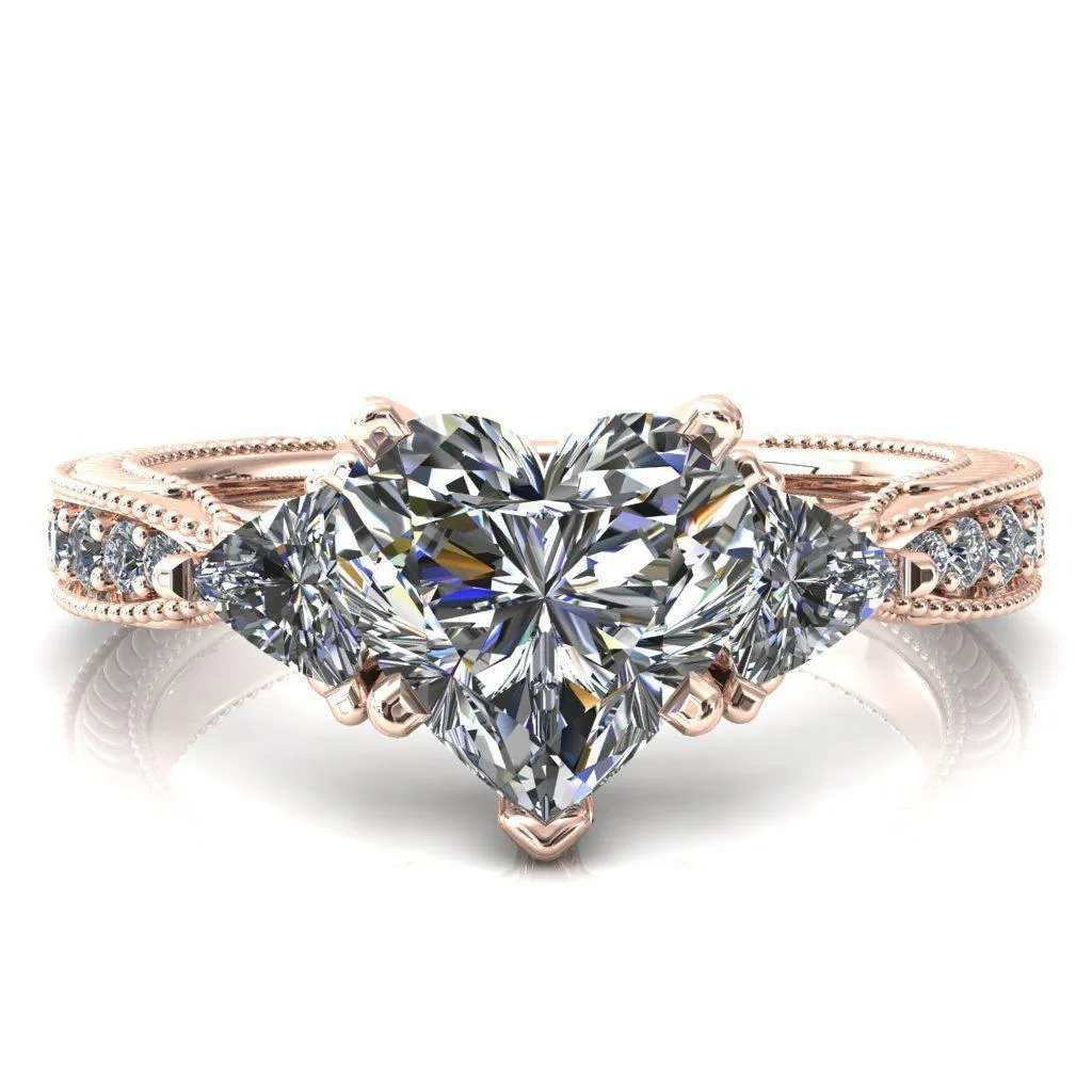 Liah Heart Moissanite Side Trillion Milgrain Shank Diamond Ring