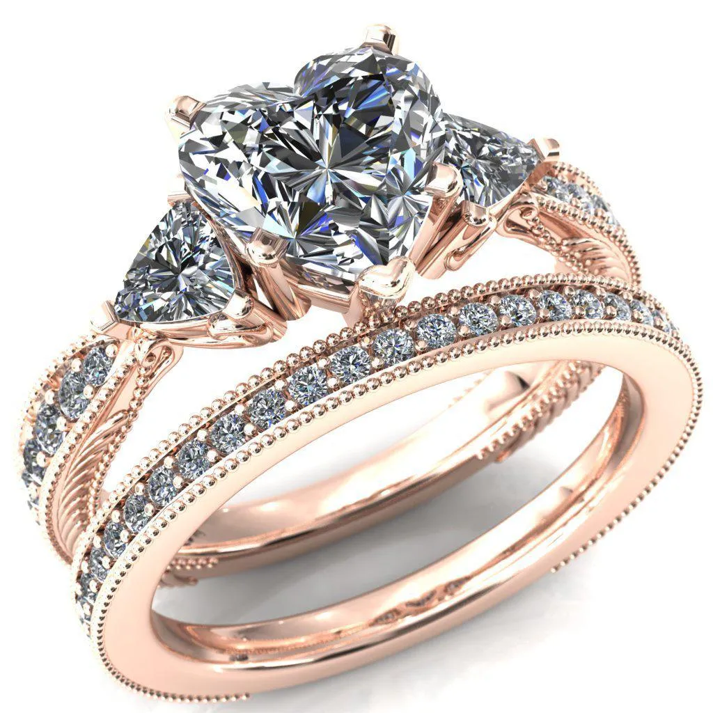 Liah Heart Moissanite Side Trillion Milgrain Shank Diamond Ring