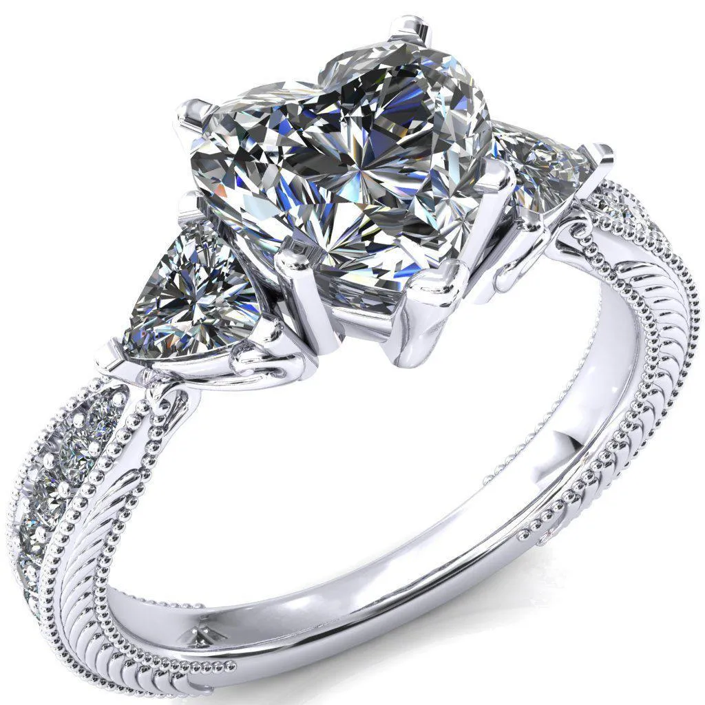 Liah Heart Moissanite Side Trillion Milgrain Shank Diamond Ring