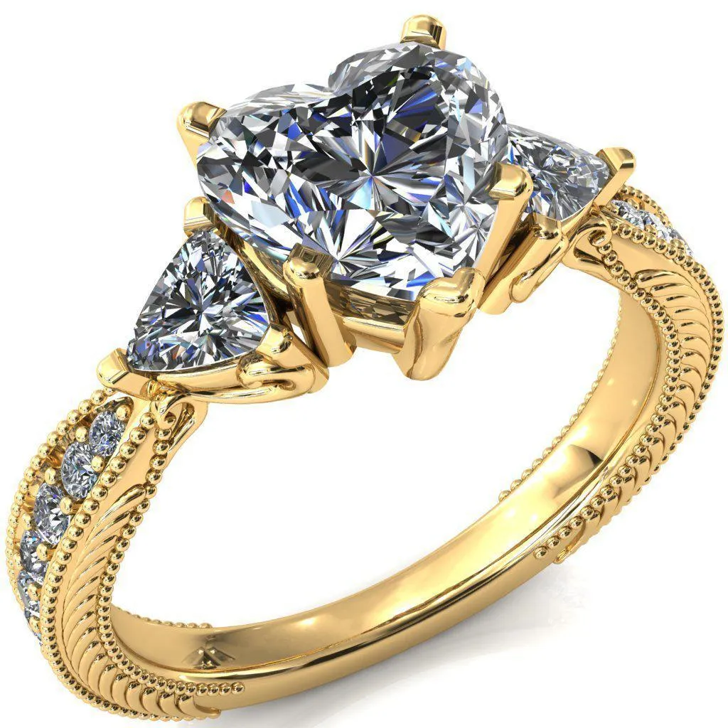 Liah Heart Moissanite Side Trillion Milgrain Shank Diamond Ring
