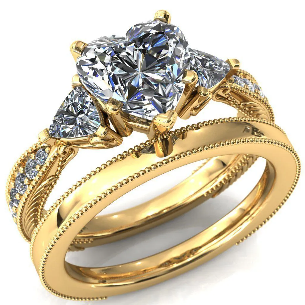 Liah Heart Moissanite Side Trillion Milgrain Shank Diamond Ring