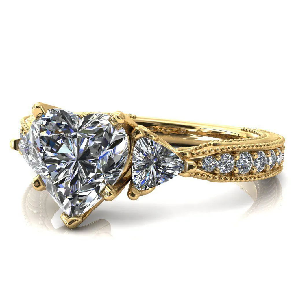 Liah Heart Moissanite Side Trillion Milgrain Shank Diamond Ring