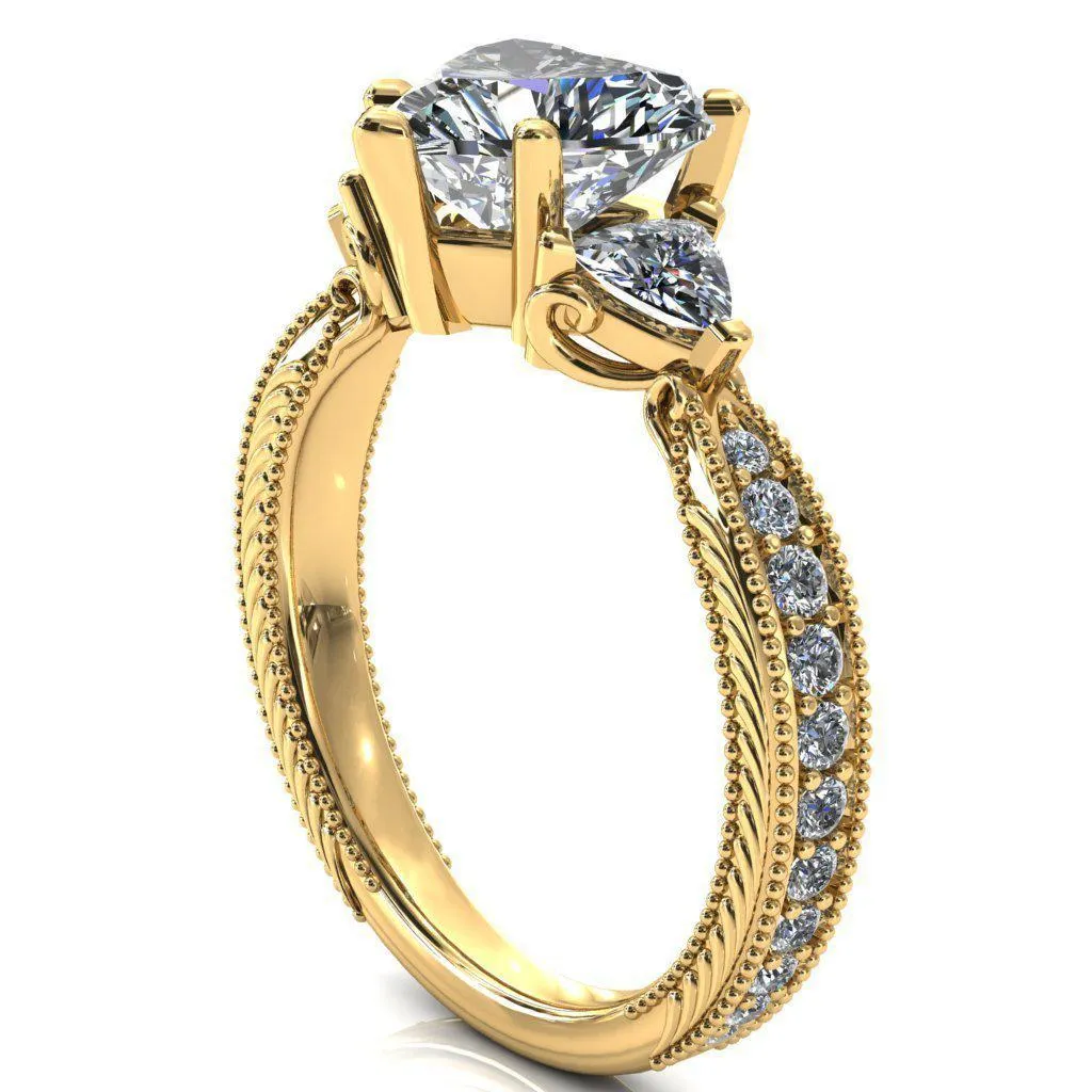Liah Heart Moissanite Side Trillion Milgrain Shank Diamond Ring