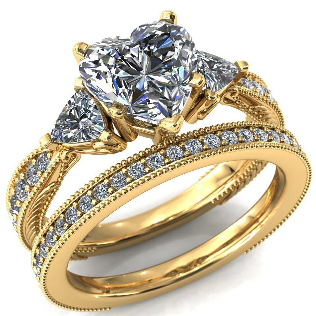 Liah Heart Moissanite Side Trillion Milgrain Shank Diamond Ring