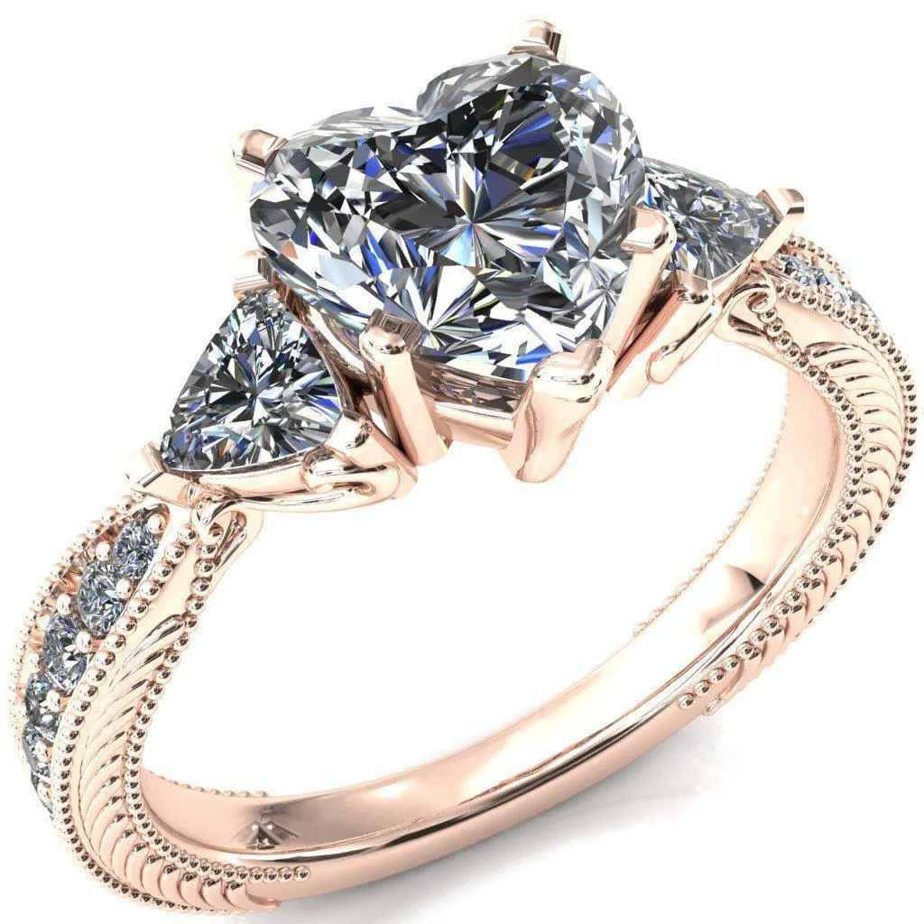 Liah Heart Moissanite Side Trillion Milgrain Shank Diamond Ring