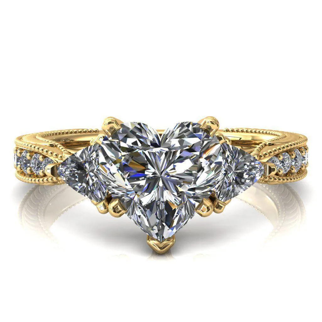 Liah Heart Moissanite Side Trillion Milgrain Shank Diamond Ring
