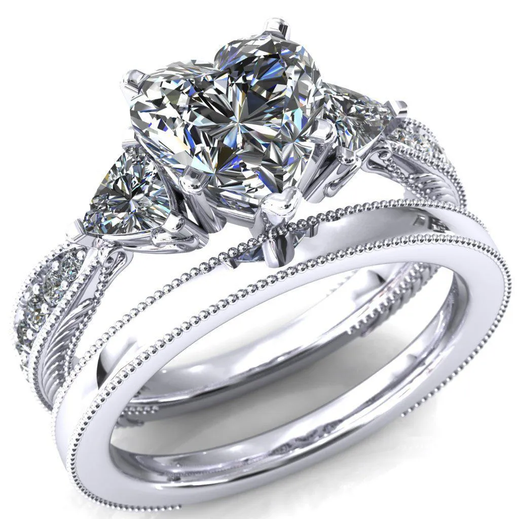 Liah Heart Moissanite Side Trillion Milgrain Shank Diamond Ring