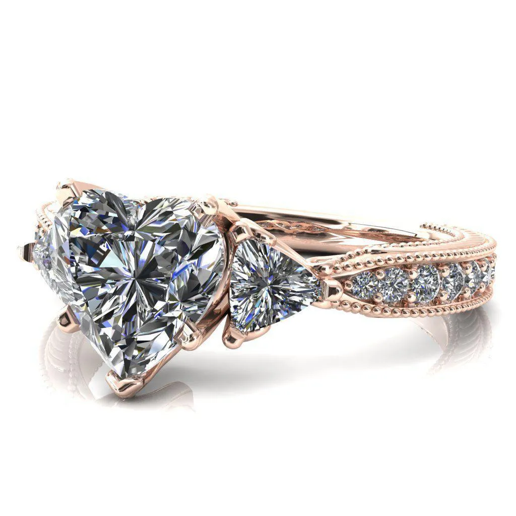 Liah Heart Moissanite Side Trillion Milgrain Shank Diamond Ring