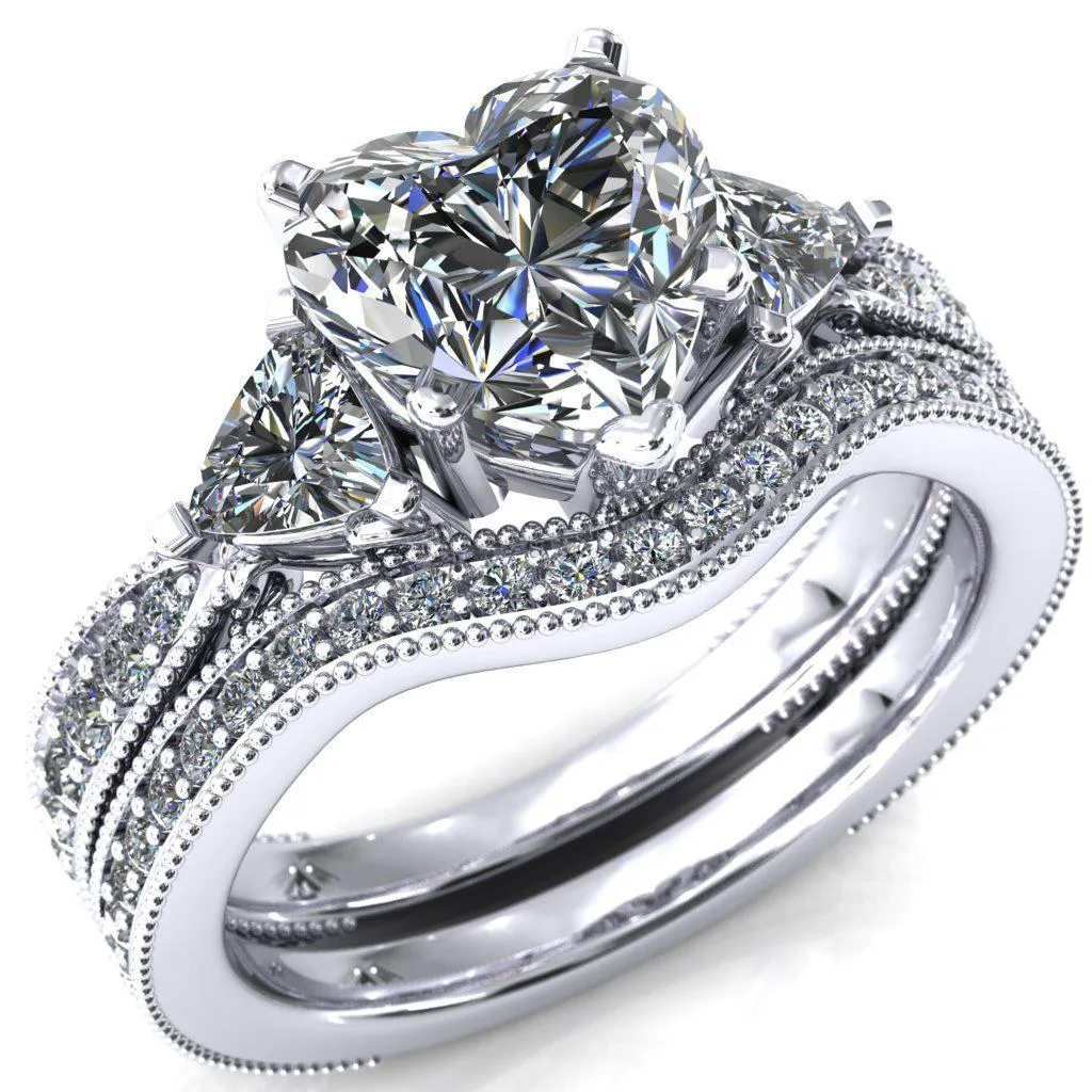 Liah Heart Moissanite Side Trillion Milgrain Shank Diamond Ring