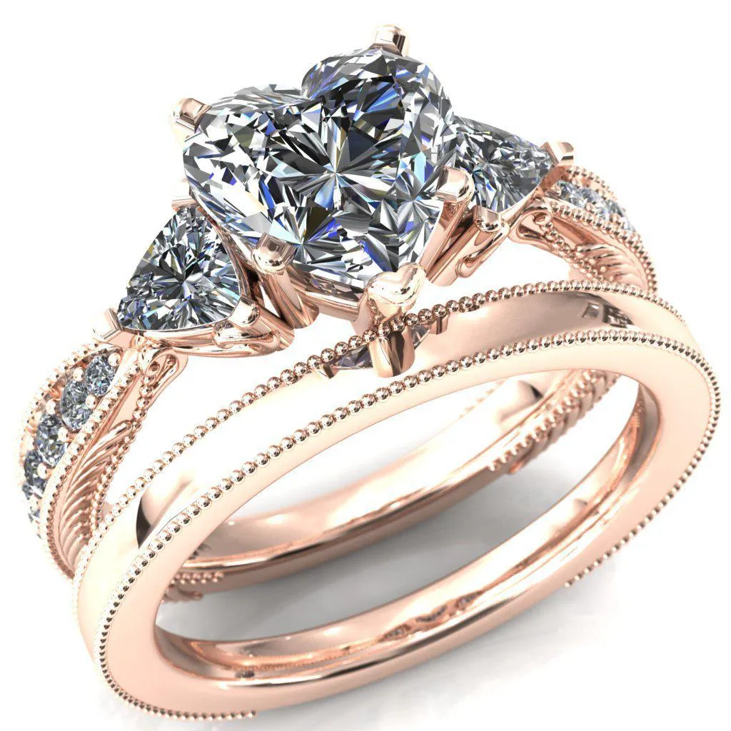 Liah Heart Moissanite Side Trillion Milgrain Shank Diamond Ring
