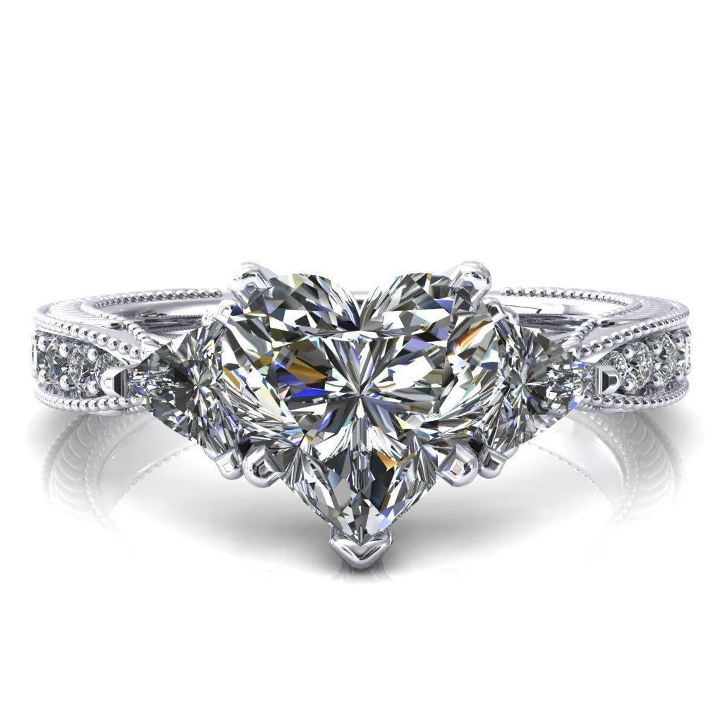 Liah Heart Moissanite Side Trillion Milgrain Shank Diamond Ring