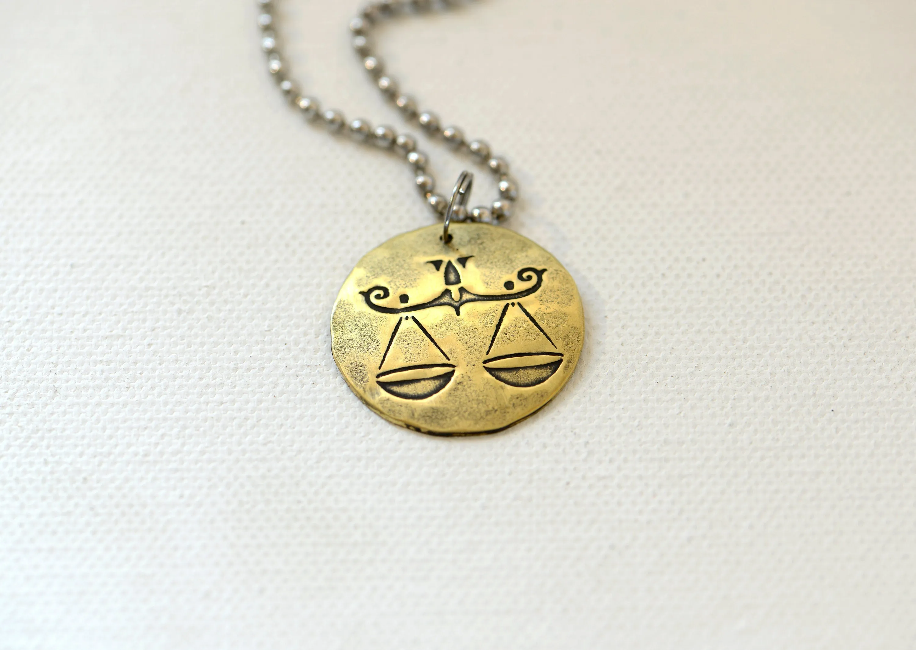 Libra Zodiac Brass Disc Necklace