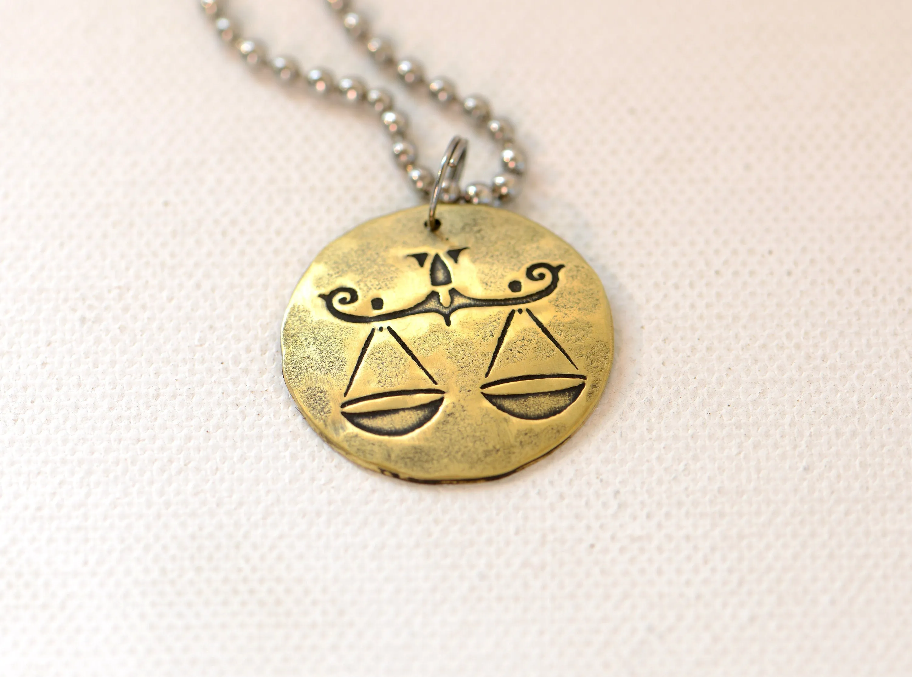Libra Zodiac Brass Disc Necklace