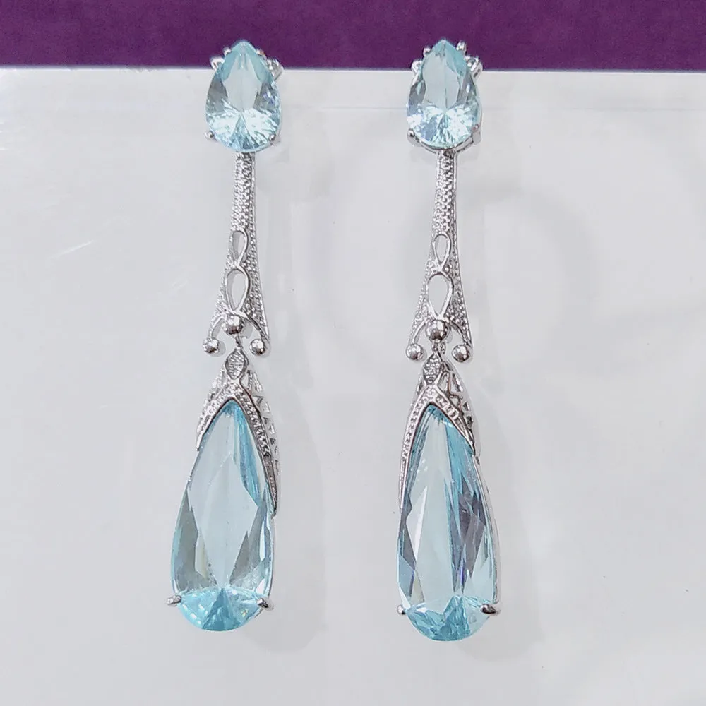 Light Blue Crystal & Silver-Plated Art Deco Teardrop Earrings