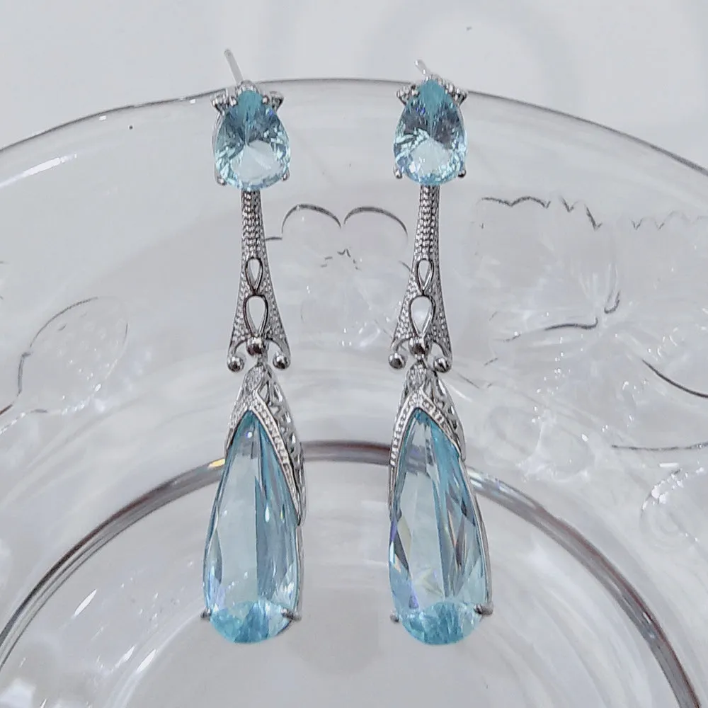 Light Blue Crystal & Silver-Plated Art Deco Teardrop Earrings