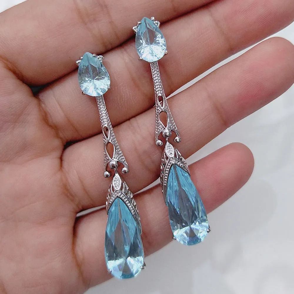 Light Blue Crystal & Silver-Plated Art Deco Teardrop Earrings
