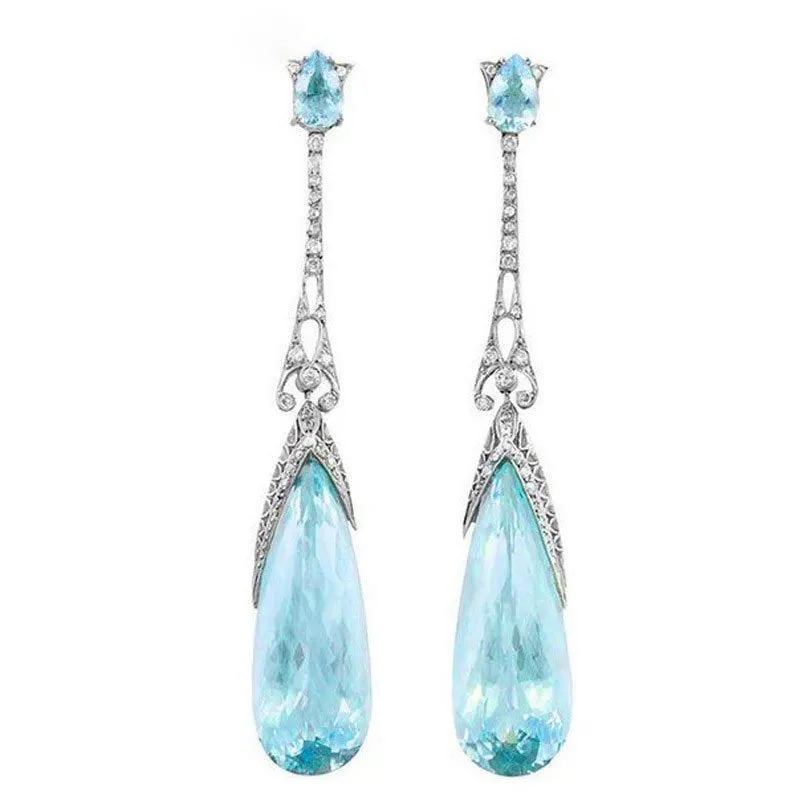 Light Blue Crystal & Silver-Plated Art Deco Teardrop Earrings