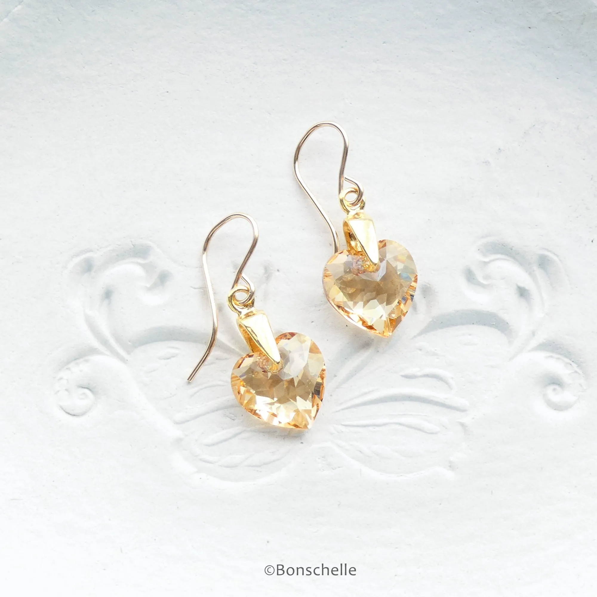 Light Bronze Crystal Heart Earrings