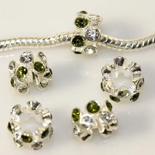 Light Green with Clear Crystals Charm European Bead Compatible for Most European Snake Chain Bracelet