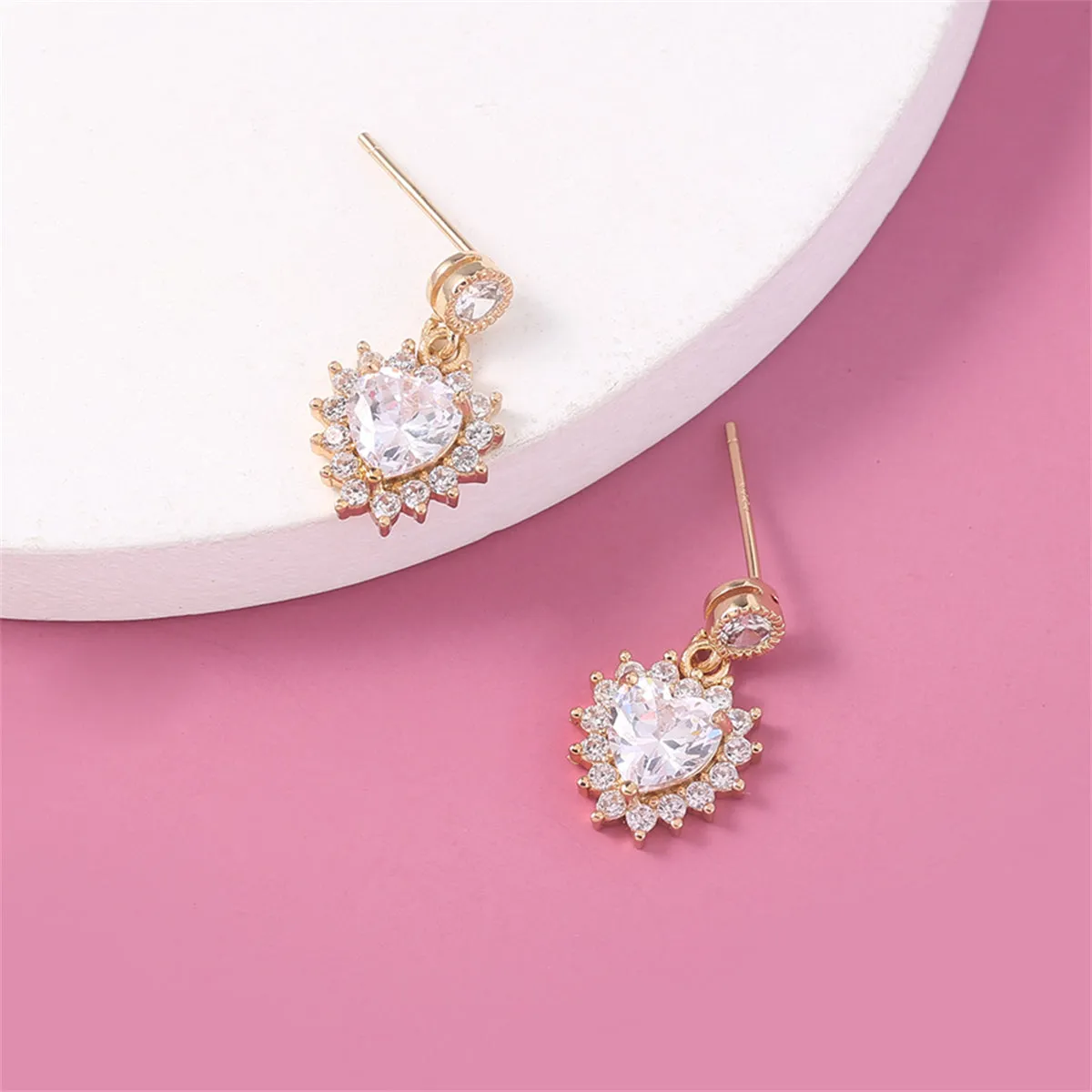 Light Pink Crystal & Cubic Zirconia Heart Drop Earrings