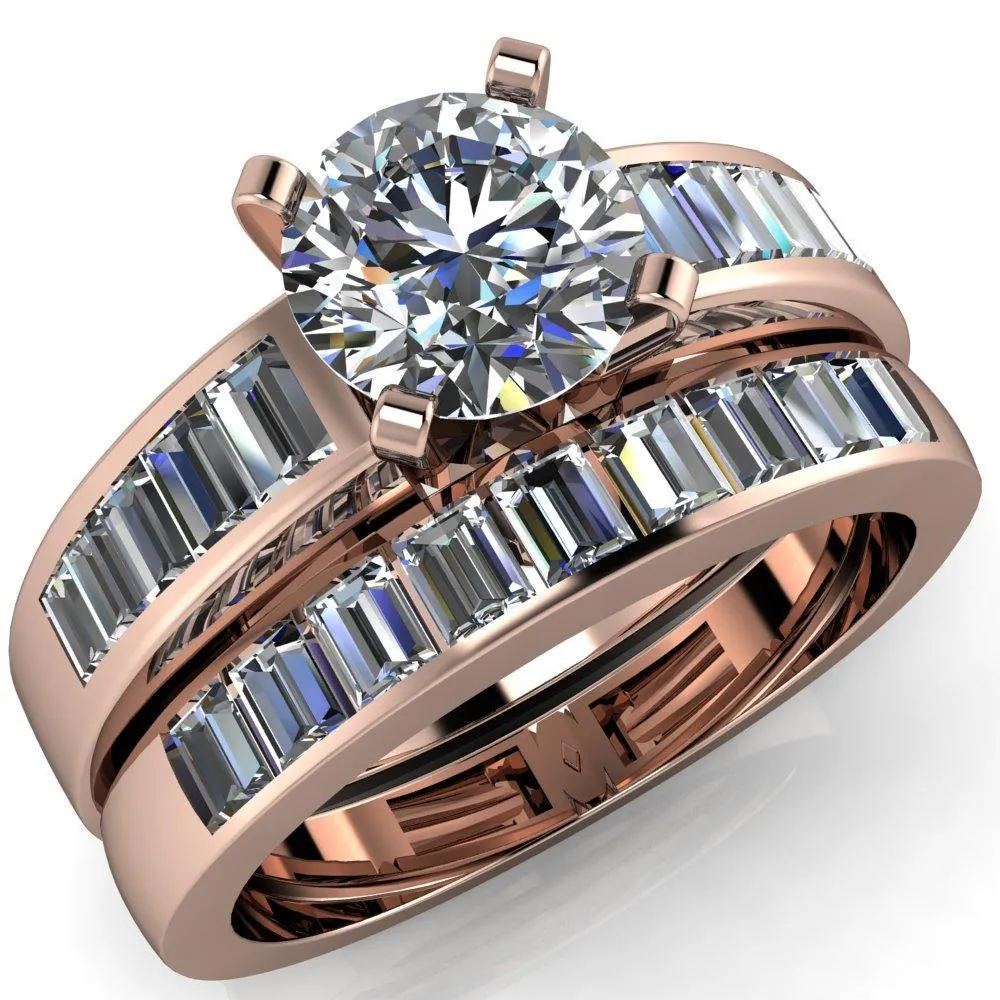 Lissa Round Center Stone 4 Prong Baguette Diamond Shoulder Setting Cathedral Ring