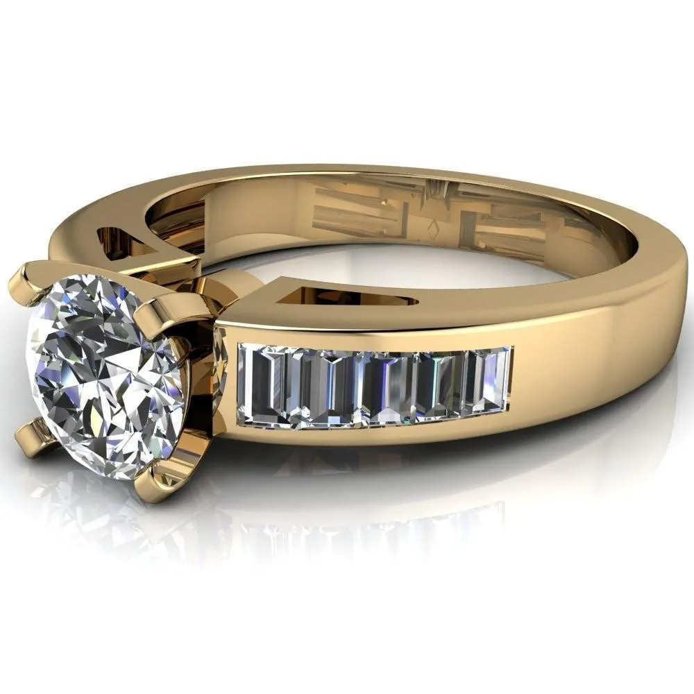 Lissa Round Center Stone 4 Prong Baguette Diamond Shoulder Setting Cathedral Ring