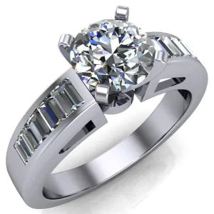 Lissa Round Center Stone 4 Prong Baguette Diamond Shoulder Setting Cathedral Ring