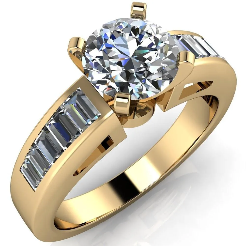 Lissa Round Center Stone 4 Prong Baguette Diamond Shoulder Setting Cathedral Ring