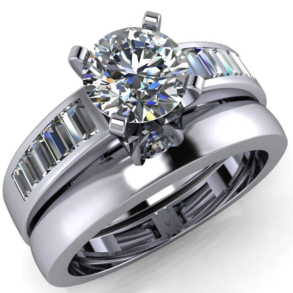 Lissa Round Center Stone 4 Prong Baguette Diamond Shoulder Setting Cathedral Ring