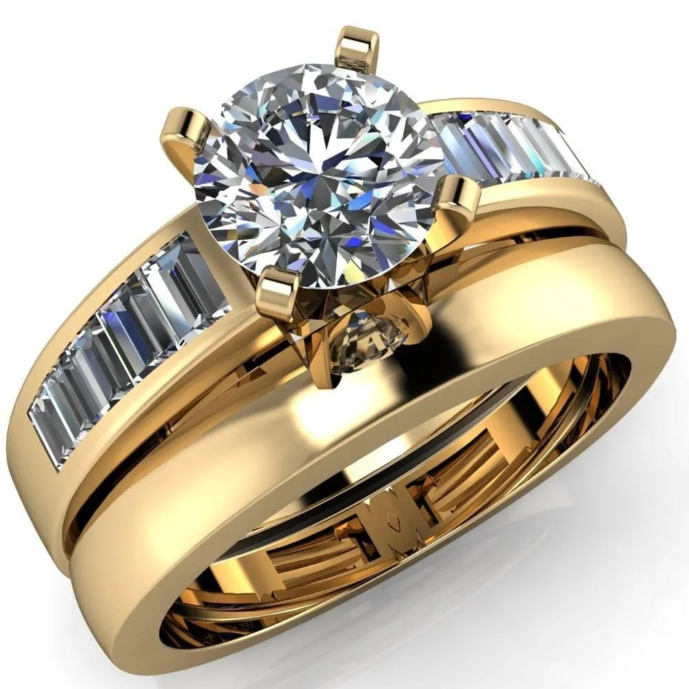 Lissa Round Center Stone 4 Prong Baguette Diamond Shoulder Setting Cathedral Ring