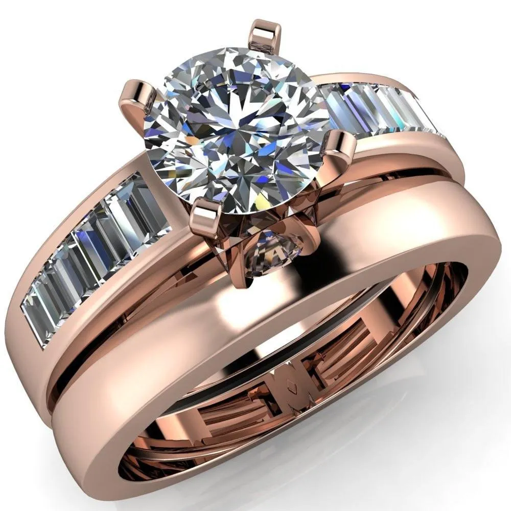 Lissa Round Center Stone 4 Prong Baguette Diamond Shoulder Setting Cathedral Ring