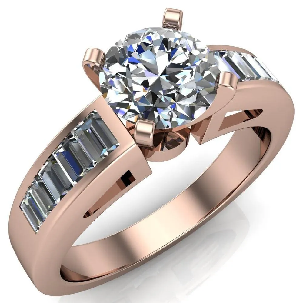 Lissa Round Center Stone 4 Prong Baguette Diamond Shoulder Setting Cathedral Ring