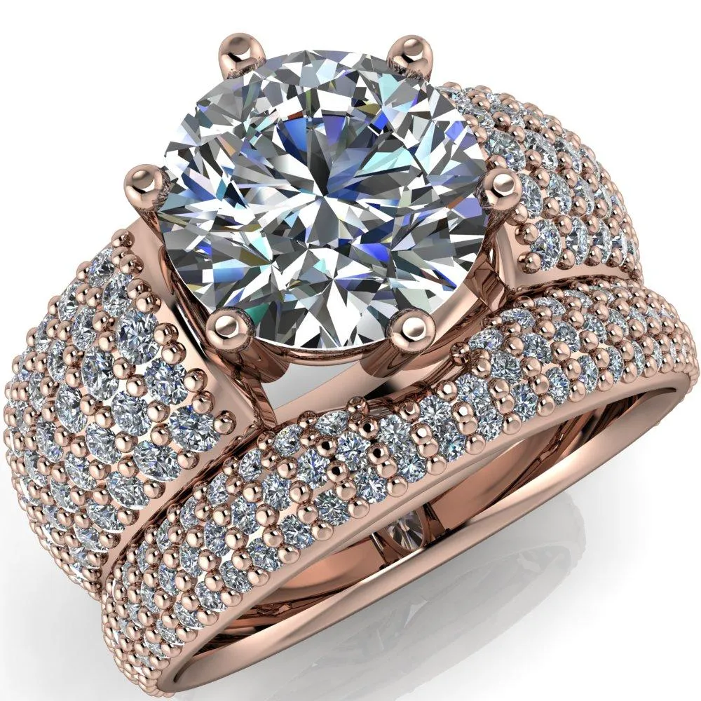 Liza Round Center Stone 6 Prong Wire Basket Thick Micropave Diamond Sides Ring