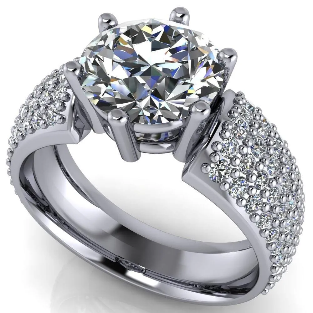 Liza Round Center Stone 6 Prong Wire Basket Thick Micropave Diamond Sides Ring
