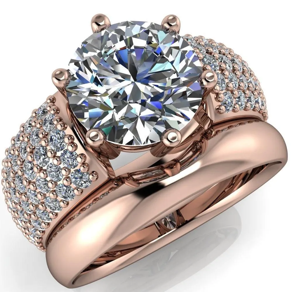 Liza Round Center Stone 6 Prong Wire Basket Thick Micropave Diamond Sides Ring