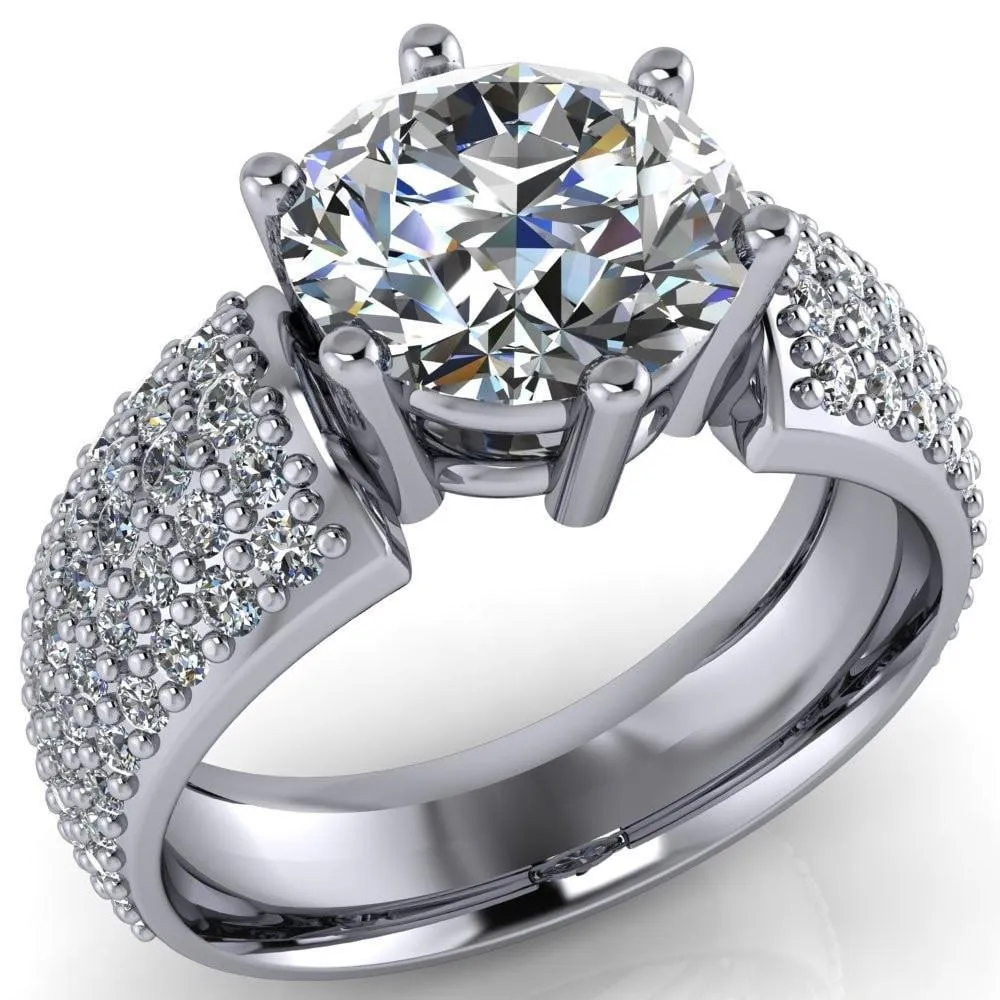 Liza Round Center Stone 6 Prong Wire Basket Thick Micropave Diamond Sides Ring