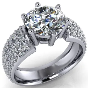 Liza Round Center Stone 6 Prong Wire Basket Thick Micropave Diamond Sides Ring