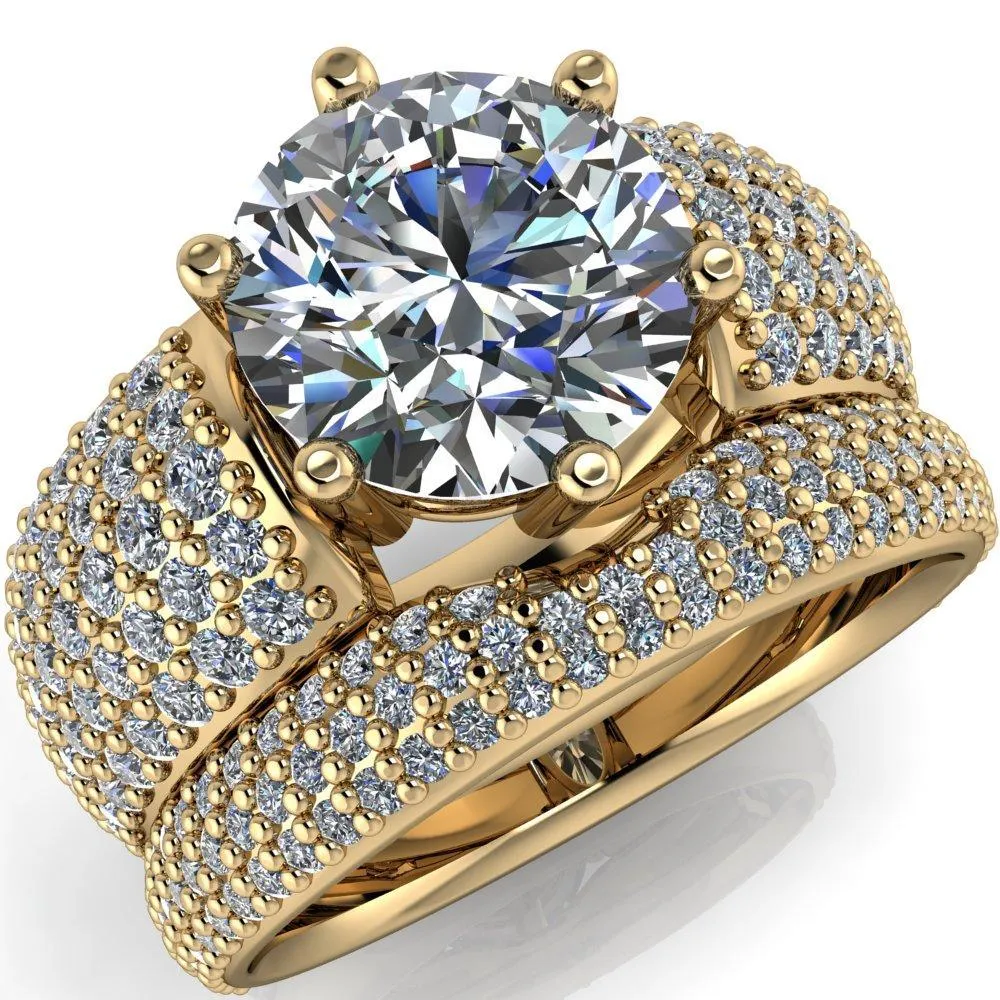 Liza Round Center Stone 6 Prong Wire Basket Thick Micropave Diamond Sides Ring