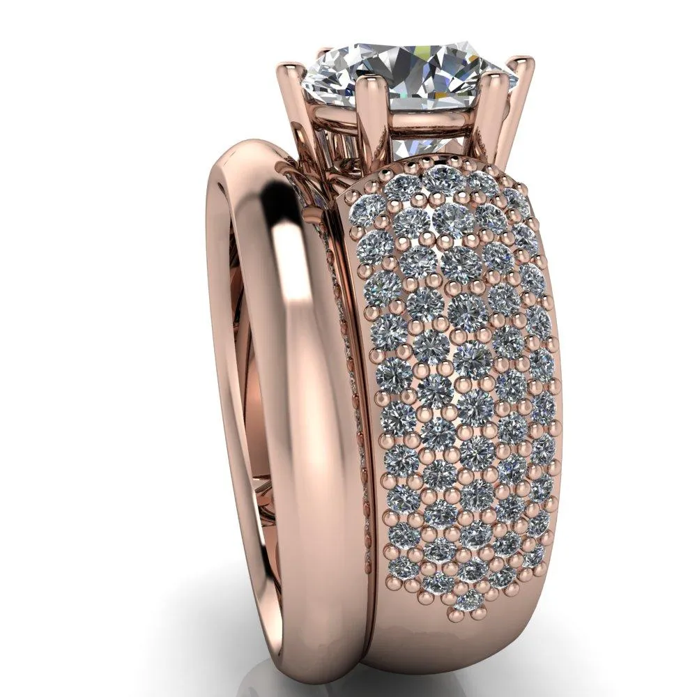 Liza Round Center Stone 6 Prong Wire Basket Thick Micropave Diamond Sides Ring