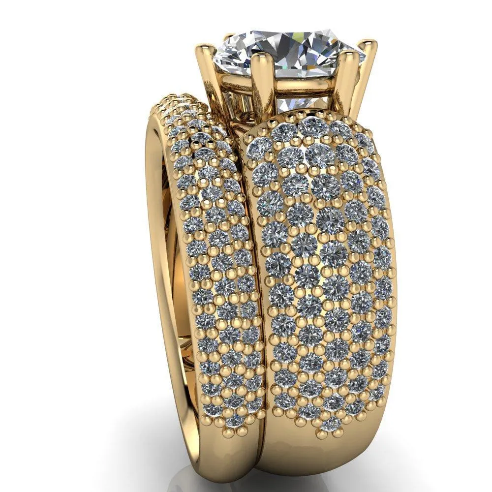 Liza Round Center Stone 6 Prong Wire Basket Thick Micropave Diamond Sides Ring