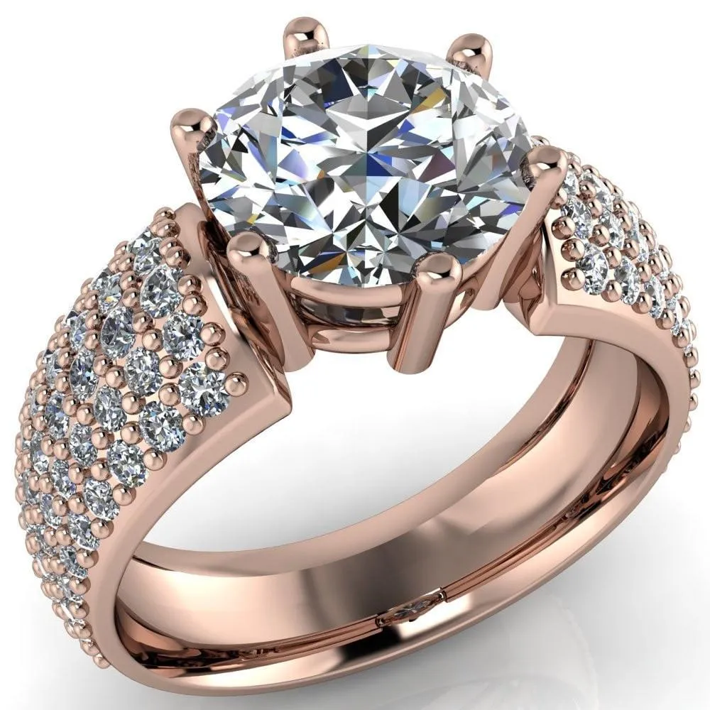 Liza Round Center Stone 6 Prong Wire Basket Thick Micropave Diamond Sides Ring