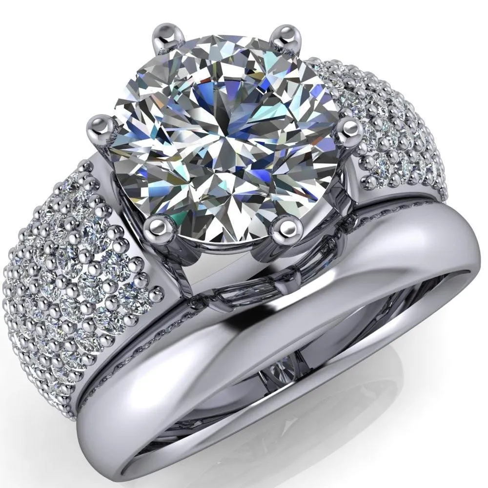 Liza Round Center Stone 6 Prong Wire Basket Thick Micropave Diamond Sides Ring