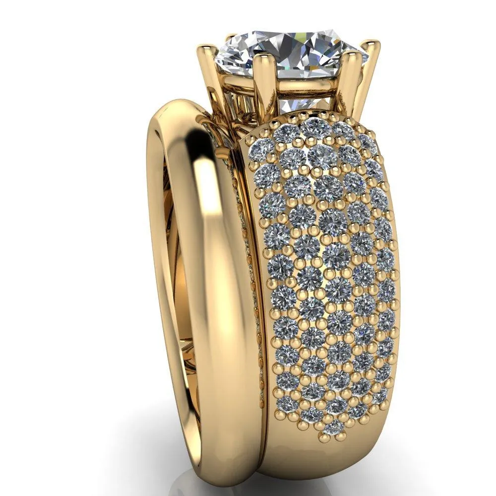 Liza Round Center Stone 6 Prong Wire Basket Thick Micropave Diamond Sides Ring