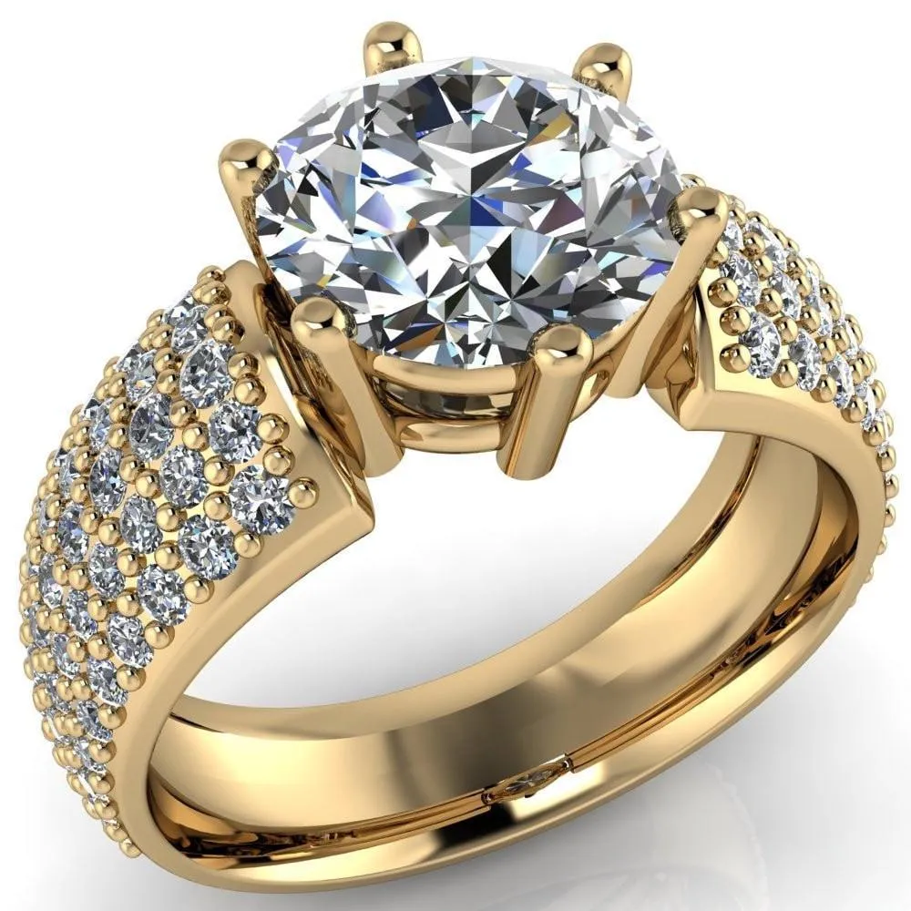 Liza Round Center Stone 6 Prong Wire Basket Thick Micropave Diamond Sides Ring