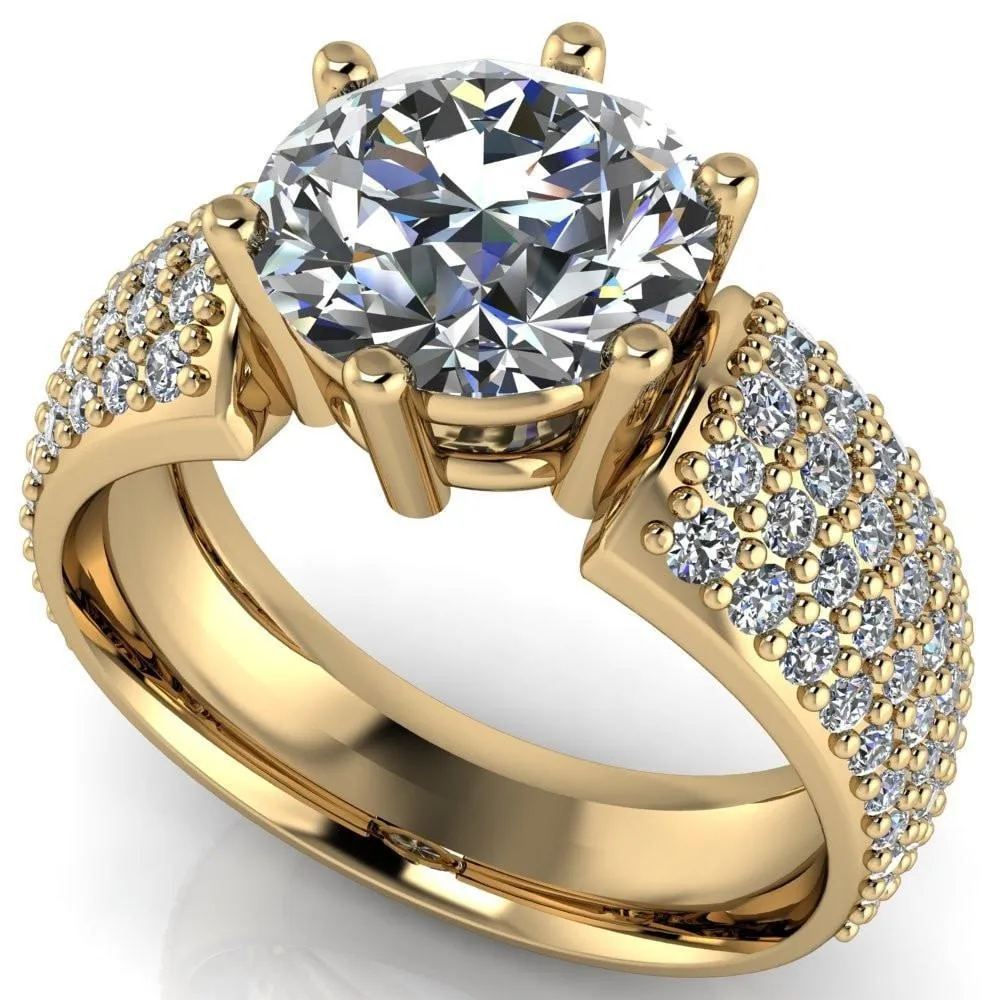 Liza Round Center Stone 6 Prong Wire Basket Thick Micropave Diamond Sides Ring