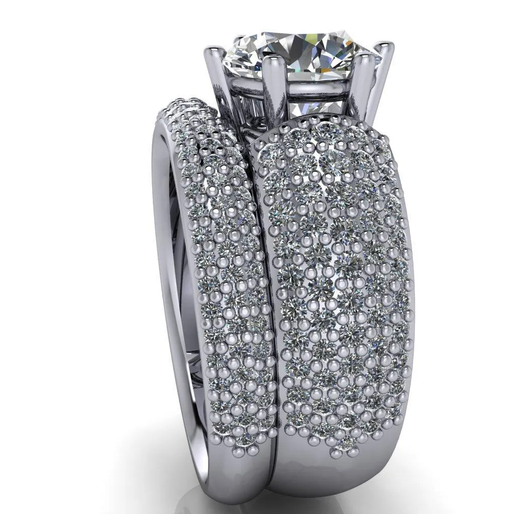 Liza Round Center Stone 6 Prong Wire Basket Thick Micropave Diamond Sides Ring