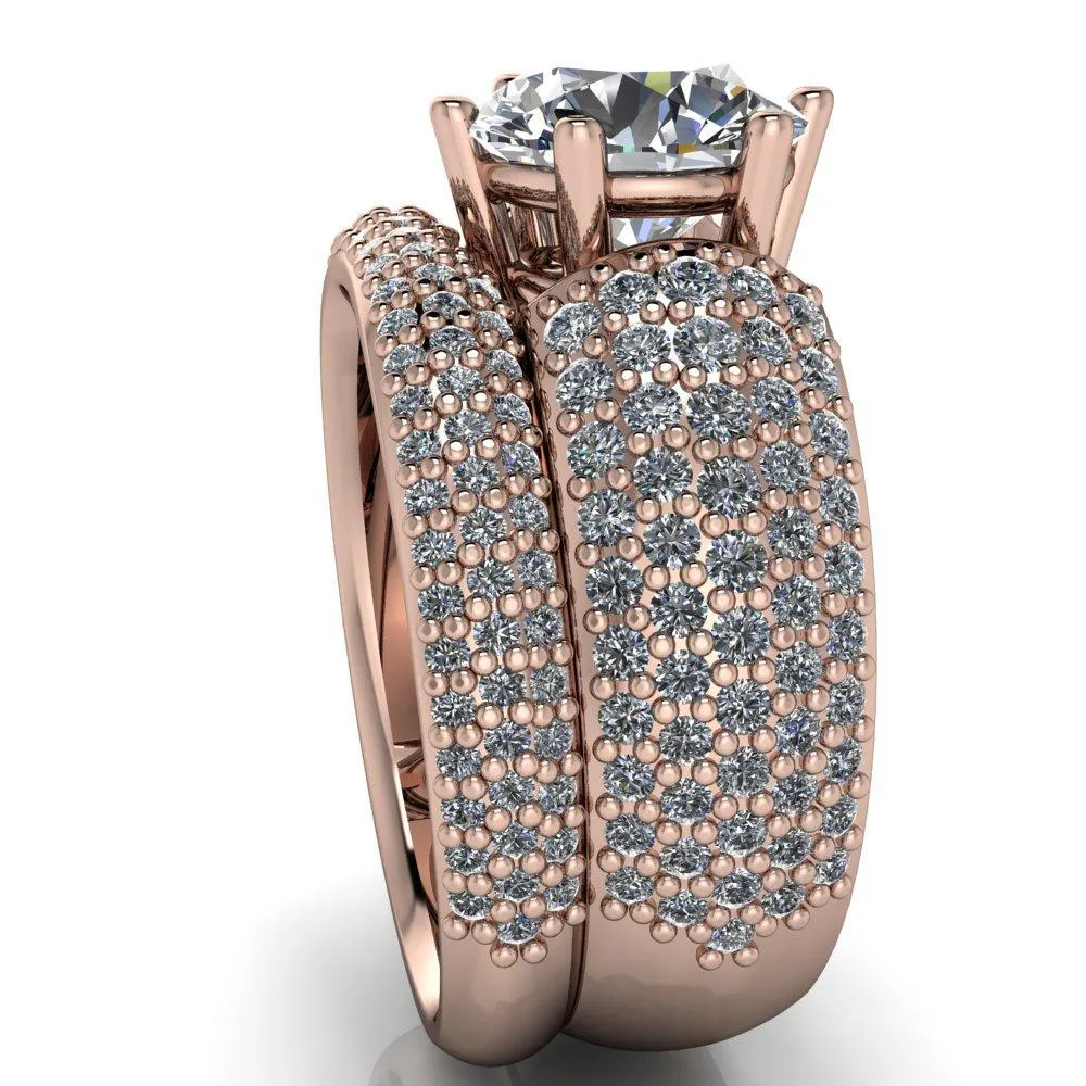 Liza Round Center Stone 6 Prong Wire Basket Thick Micropave Diamond Sides Ring