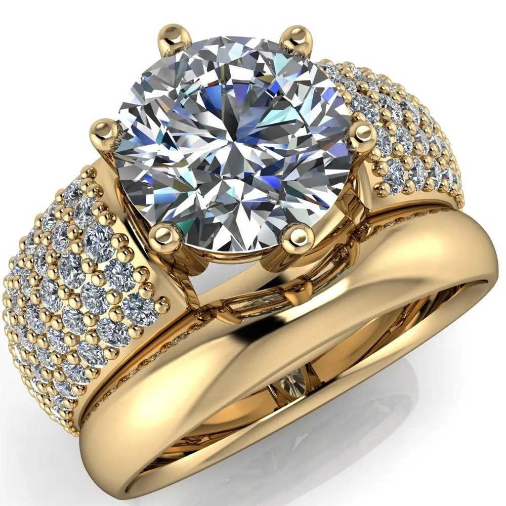 Liza Round Center Stone 6 Prong Wire Basket Thick Micropave Diamond Sides Ring