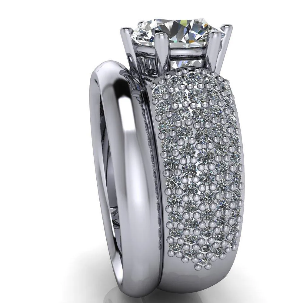 Liza Round Center Stone 6 Prong Wire Basket Thick Micropave Diamond Sides Ring